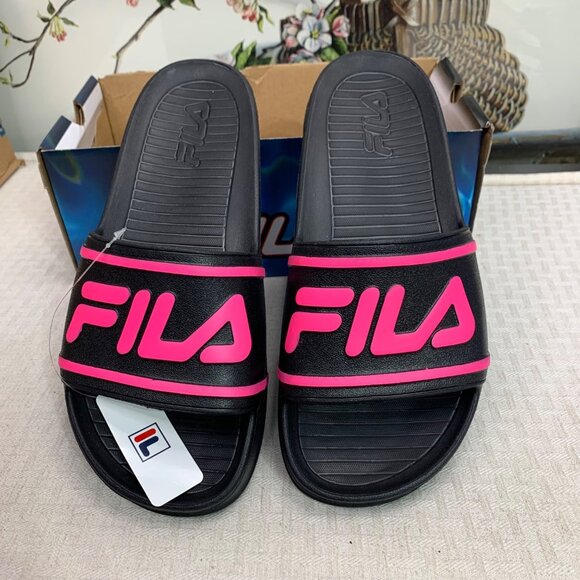 Fila Sleek Slide ST Womens Sandals Size 10  Black With Pink Logo - Picture 1 of 5